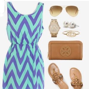 Everly Women's Blue & Aqua Chevron Print A Line Dress - Size Small